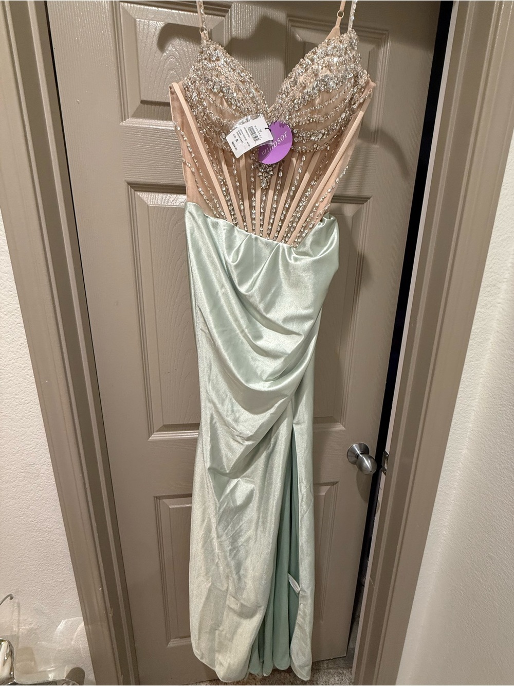 Sage Beaded Nude and Mint Satin Dress